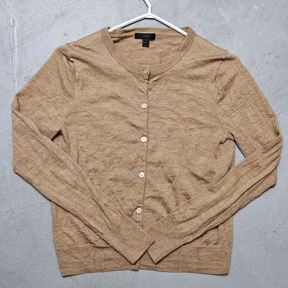 J.Crew Sz M 100% Fine Merino Wool Tan Beige Minimalist Button-Up Cardigan - Picture 6 of 11